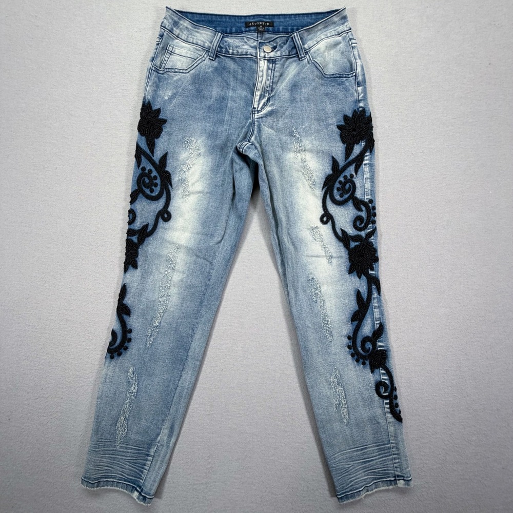 Juliette Women Jeans Slim Light Blue Floral Embroidered Distressed 4